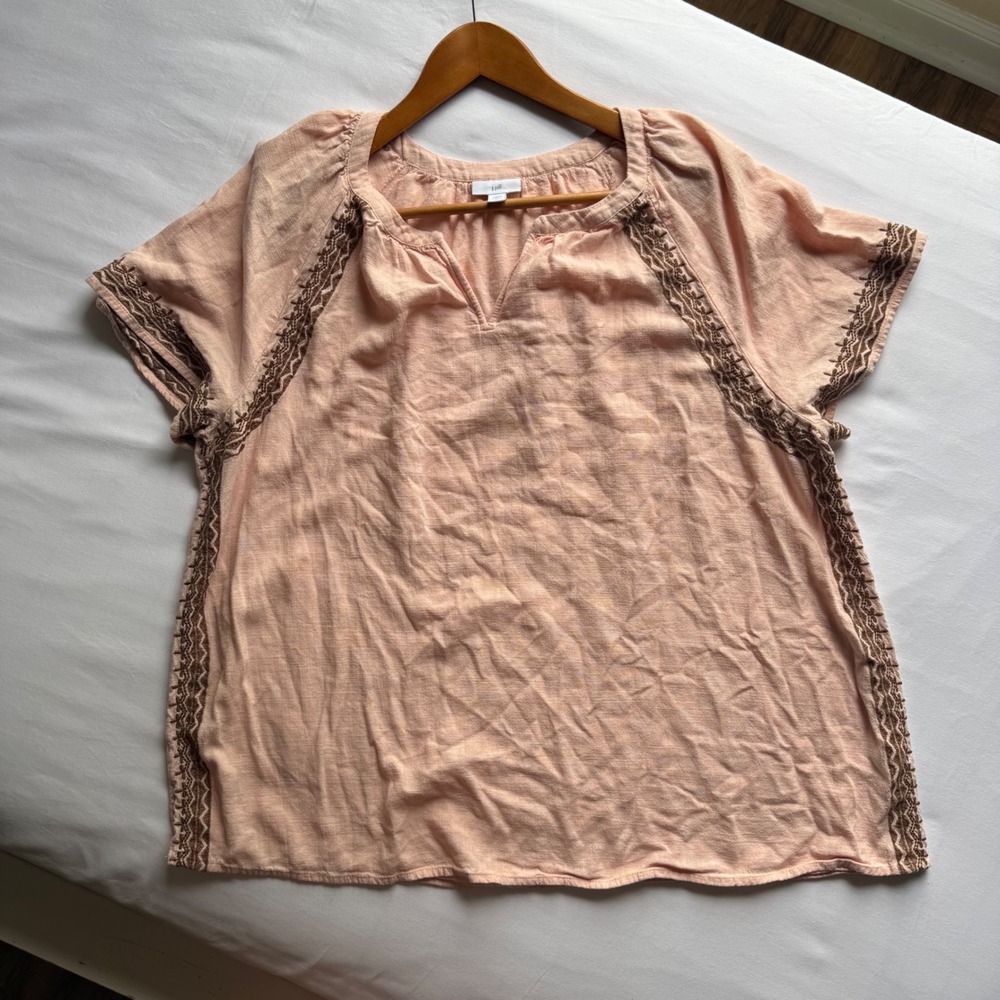 J.Jill Womens 2X Peach Linen Blend Embroidered Boho Blouse Coastal Date Night